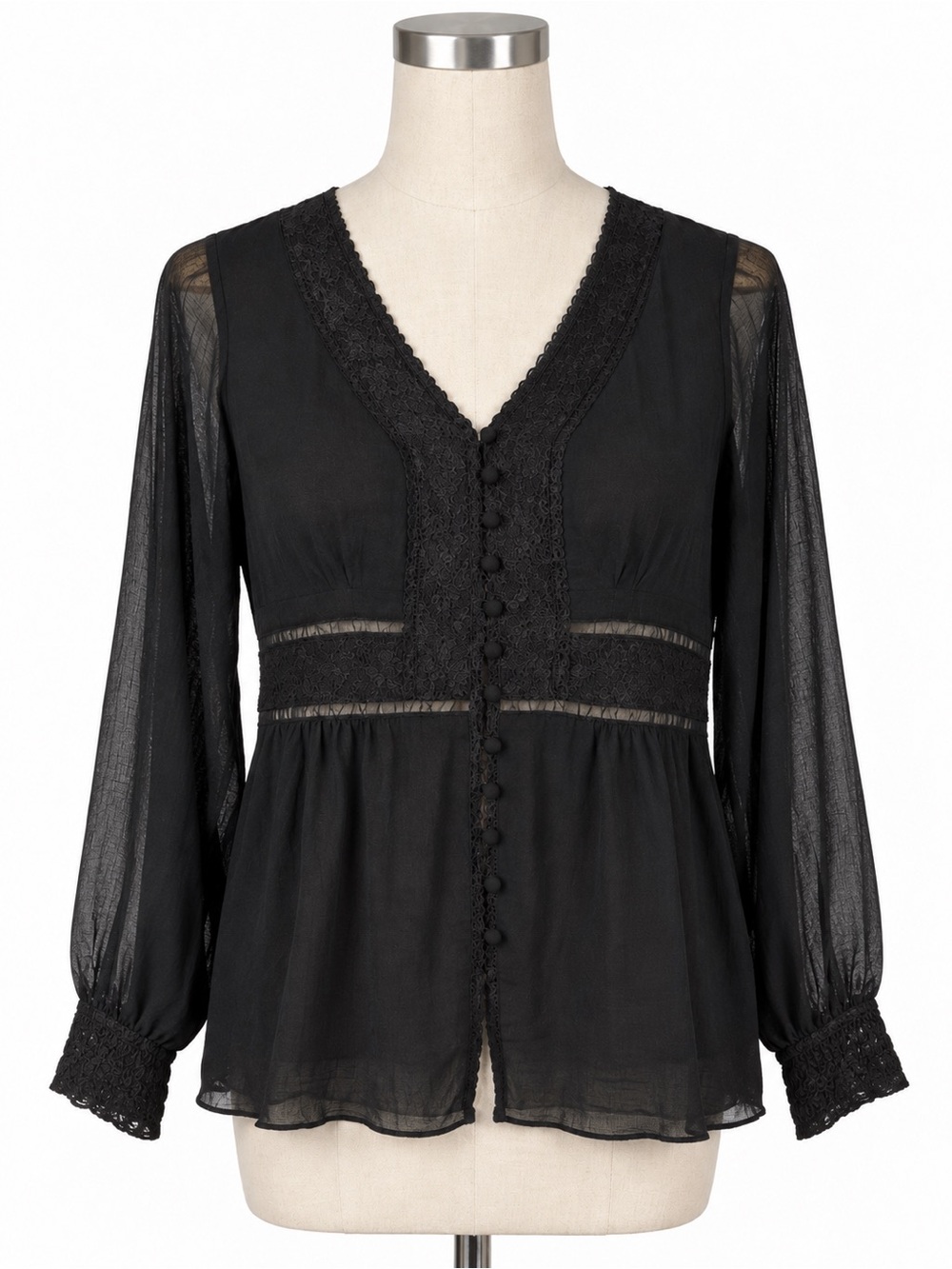 Nine West Lace Top Sheer Sleeve Size 6P Black Business Casual Elegant Evening